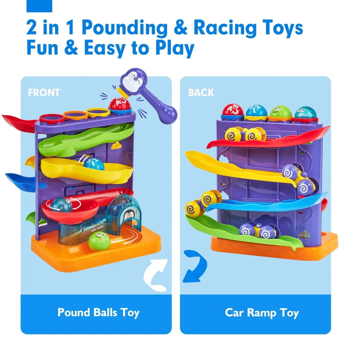 Montessori Ball Hammer Ramp Set with Mini Cars, Toddler Learning Game