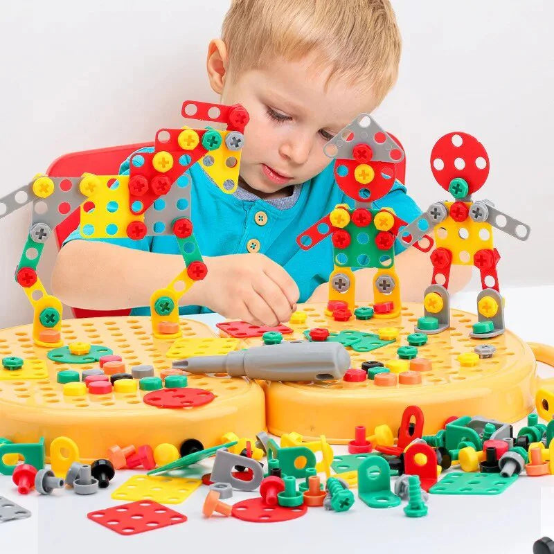 Montessori Toolbox Set with Drill, 204 Pieces in Bear & Dog Suitcase