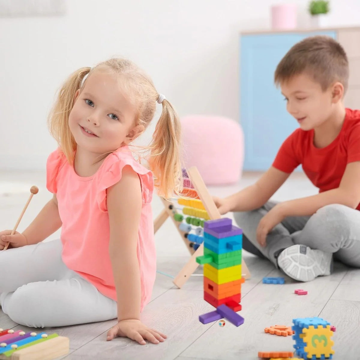 Colorful Wooden Stacking Game with Dice - 48 Blocks